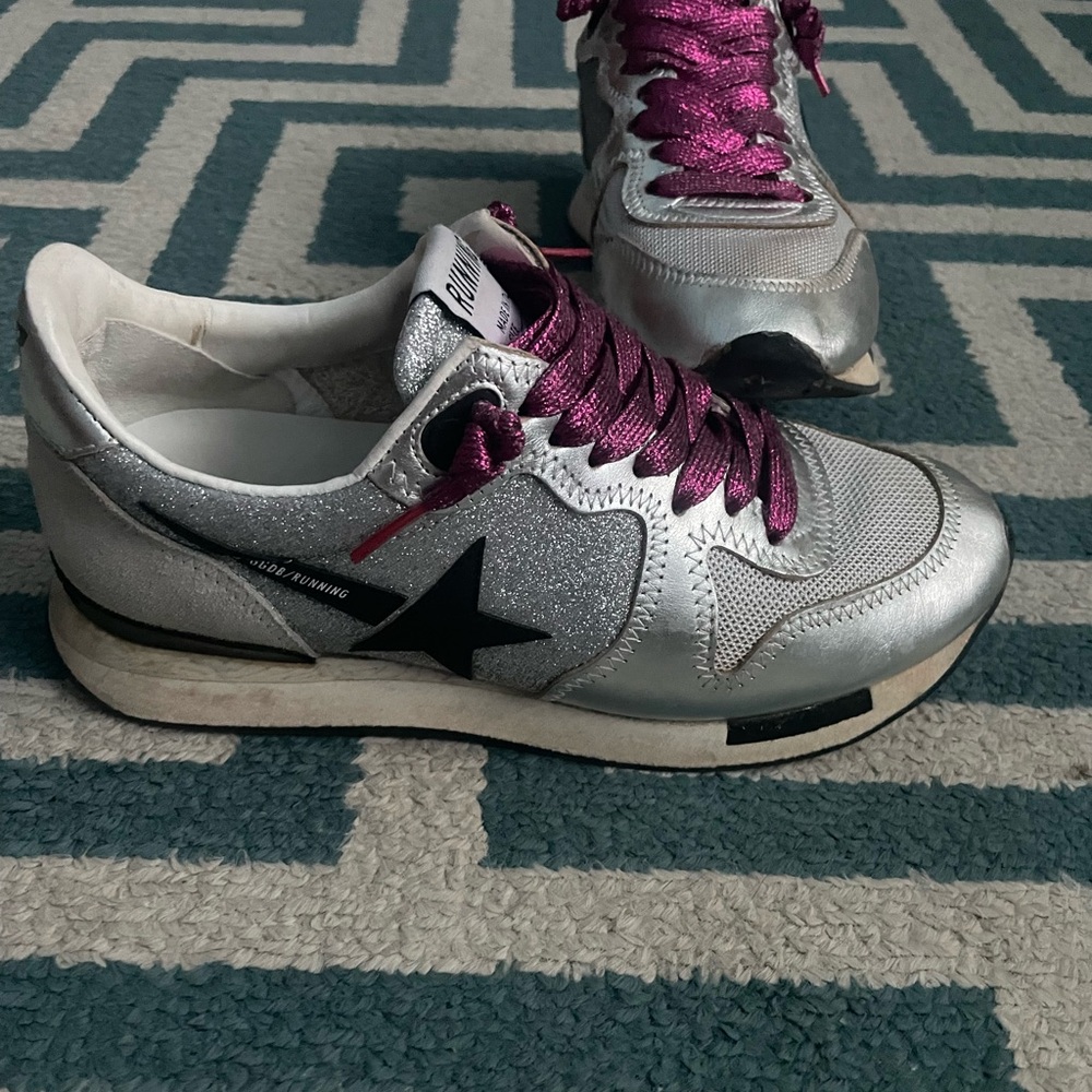 Golden Goose Silver and Purple Sneakers with Retro Design